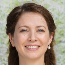 Joyful white adult female with medium  brown hair and grey eyes