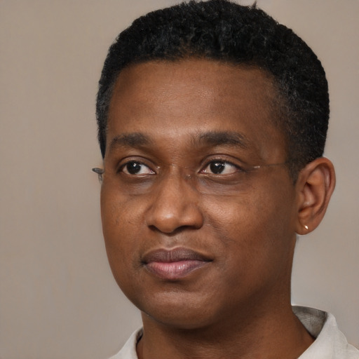Joyful black young-adult male with short  black hair and brown eyes