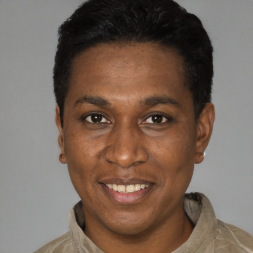 Joyful black adult male with short  black hair and brown eyes