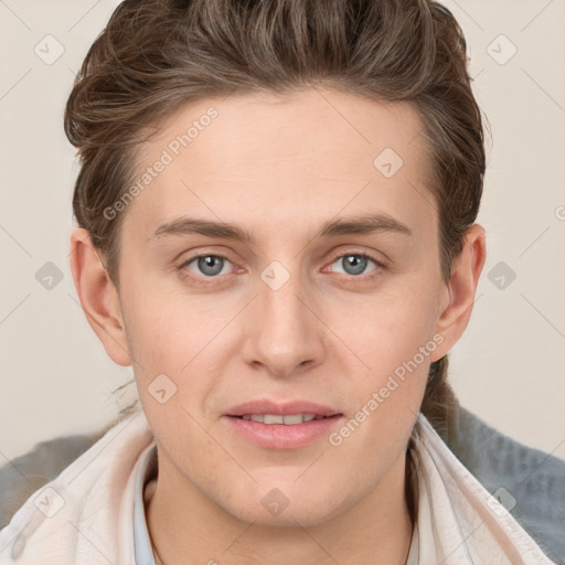 Joyful white young-adult female with short  brown hair and grey eyes