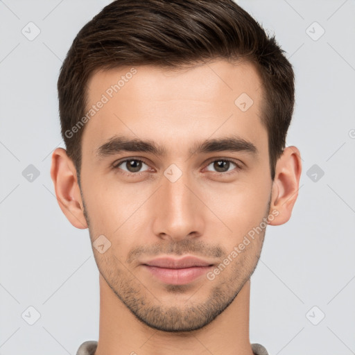 Neutral white young-adult male with short  brown hair and brown eyes