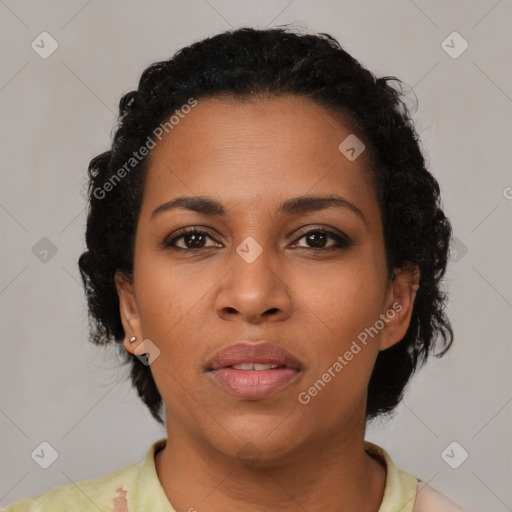 Neutral latino young-adult female with short  black hair and brown eyes