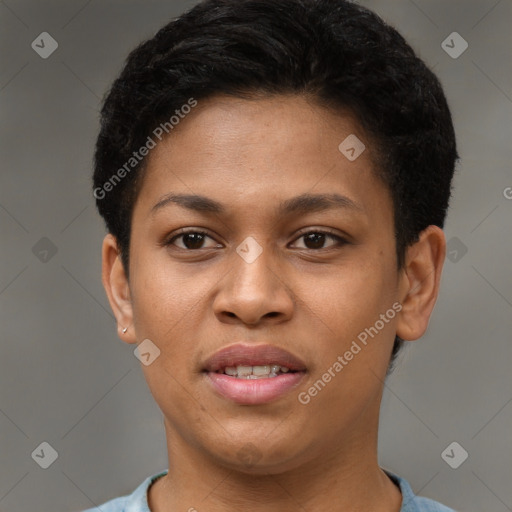 Joyful latino young-adult female with short  brown hair and brown eyes