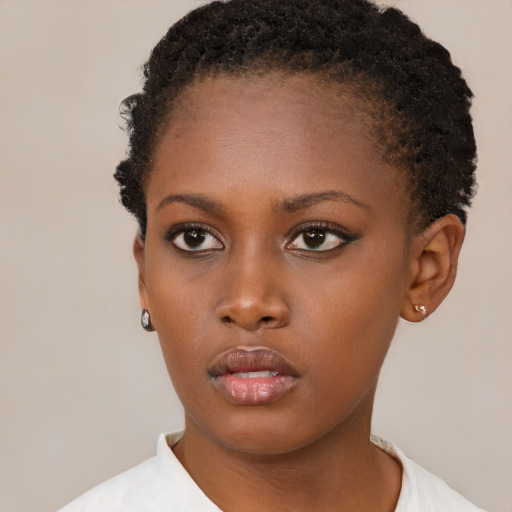 Neutral black young-adult female with short  brown hair and brown eyes