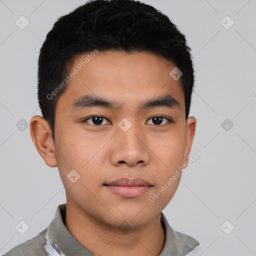 Neutral asian young-adult male with short  black hair and brown eyes