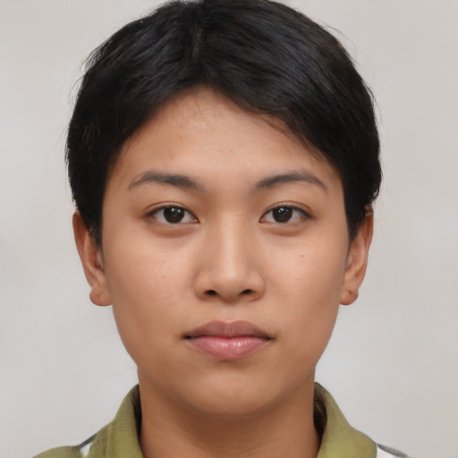 Neutral asian young-adult female with short  brown hair and brown eyes