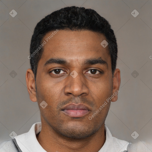 Neutral latino young-adult male with short  black hair and brown eyes