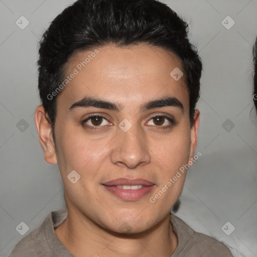 Joyful white young-adult male with short  brown hair and brown eyes