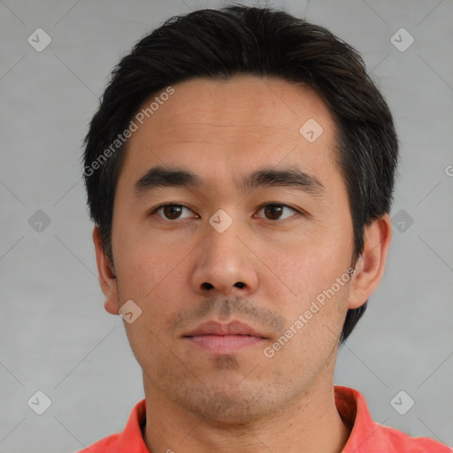 Neutral asian young-adult male with short  black hair and brown eyes