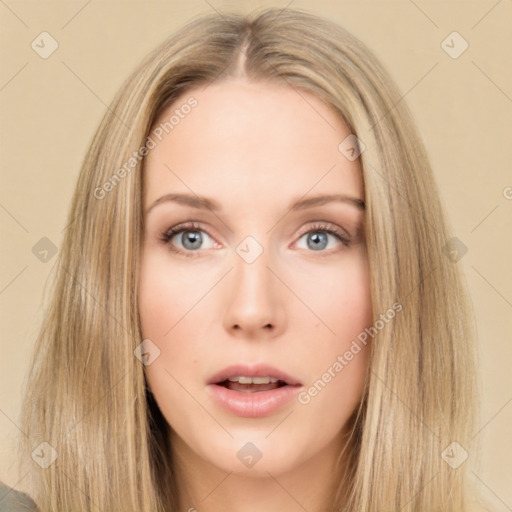 Neutral white young-adult female with long  brown hair and grey eyes