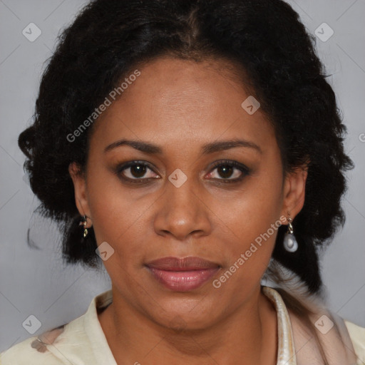 Joyful black adult female with medium  brown hair and brown eyes