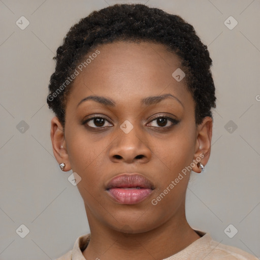 Neutral black young-adult female with short  brown hair and brown eyes