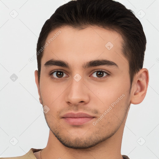 Neutral white young-adult male with short  brown hair and brown eyes