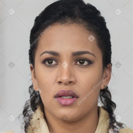 Neutral latino young-adult female with long  black hair and brown eyes