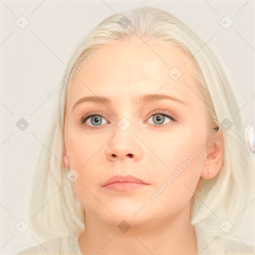 Neutral white young-adult female with medium  blond hair and blue eyes