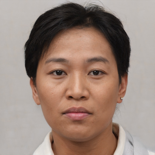 Neutral asian young-adult female with short  brown hair and brown eyes