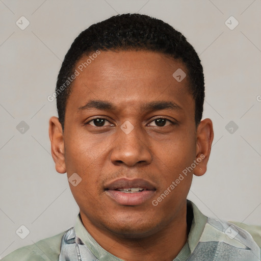Neutral latino young-adult male with short  black hair and brown eyes