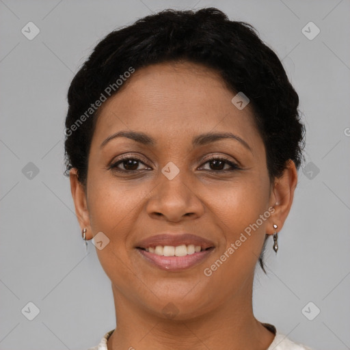 Joyful latino young-adult female with short  brown hair and brown eyes