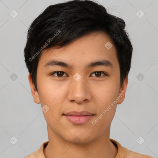 Joyful asian young-adult male with short  black hair and brown eyes