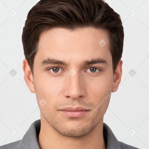 Neutral white young-adult male with short  brown hair and brown eyes