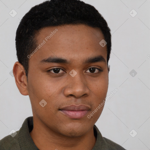 Joyful black young-adult male with short  brown hair and brown eyes