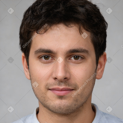 Neutral white young-adult male with short  brown hair and brown eyes