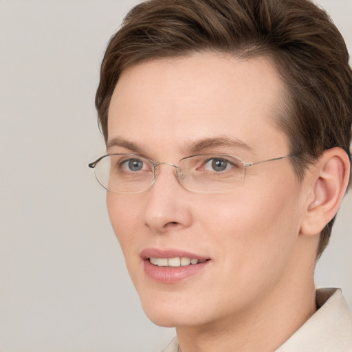 Joyful white adult female with short  brown hair and grey eyes