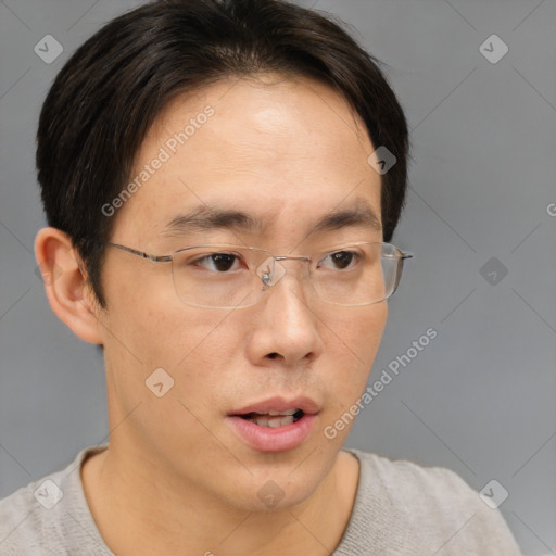 Neutral asian adult male with short  brown hair and brown eyes