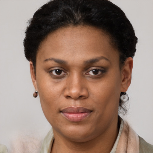Joyful latino young-adult female with short  brown hair and brown eyes