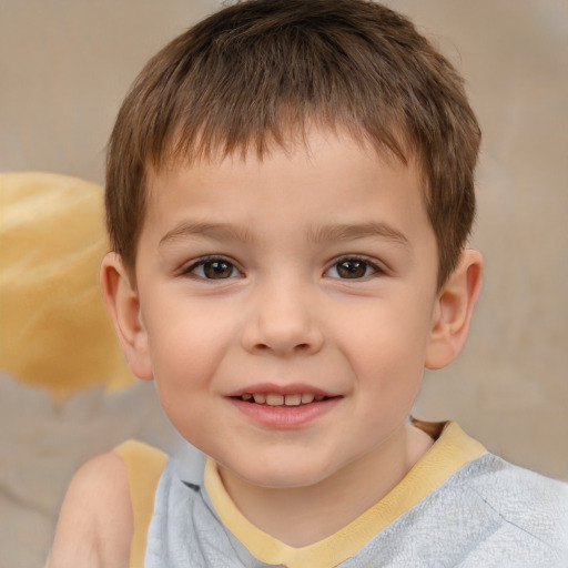 Joyful white child male with short  brown hair and brown eyes