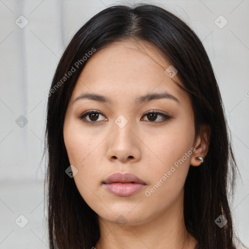 Neutral asian young-adult female with long  brown hair and brown eyes