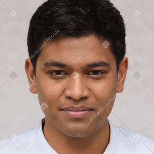 Joyful asian young-adult male with short  black hair and brown eyes