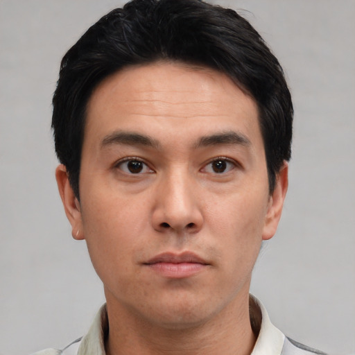 Neutral asian young-adult male with short  black hair and brown eyes
