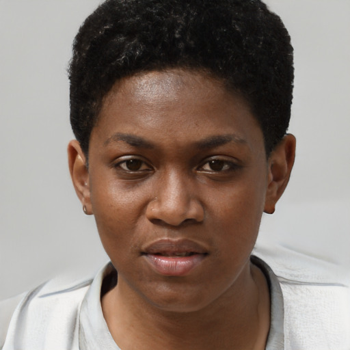 Neutral black young-adult female with short  black hair and brown eyes