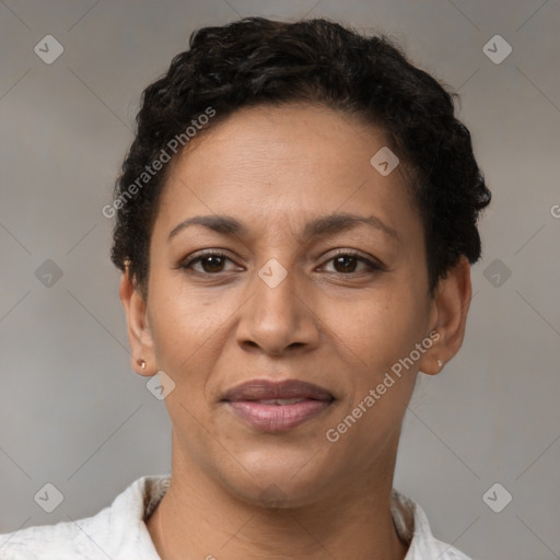 Joyful latino young-adult female with short  brown hair and brown eyes