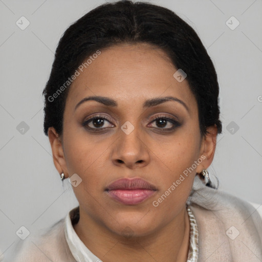 Joyful latino young-adult female with short  brown hair and brown eyes