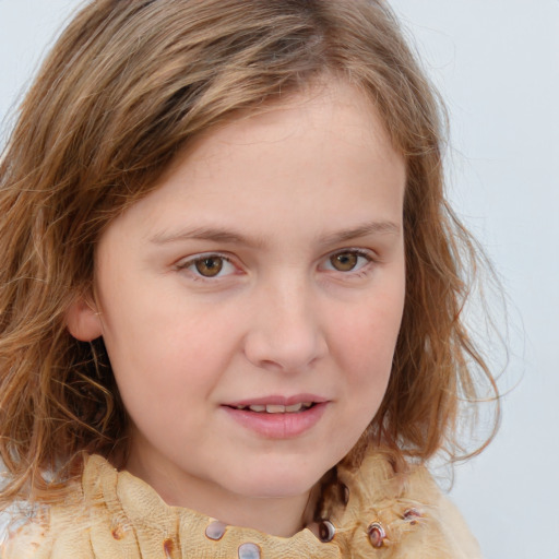 Joyful white child female with medium  brown hair and blue eyes