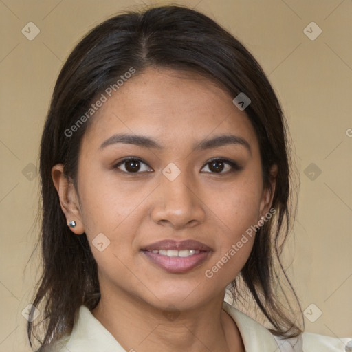 Joyful white young-adult female with medium  brown hair and brown eyes