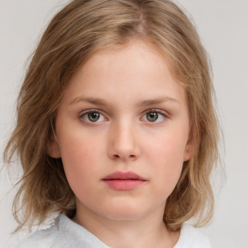 Neutral white child female with medium  brown hair and blue eyes