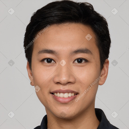 Joyful white young-adult male with short  black hair and brown eyes