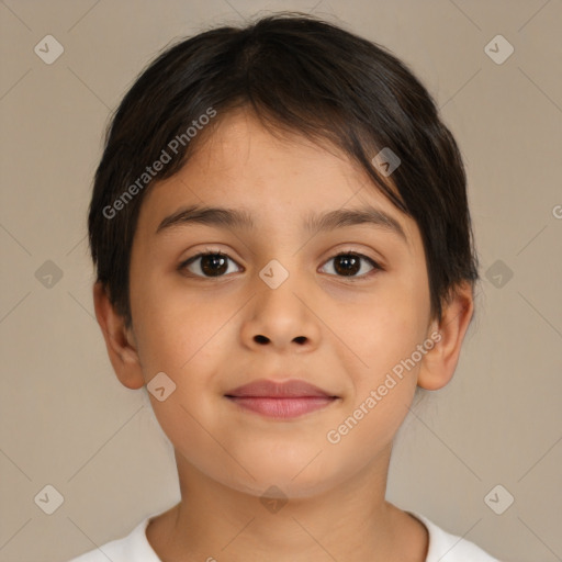 Joyful white child female with short  brown hair and brown eyes