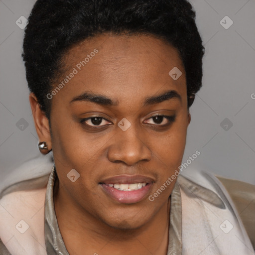 Joyful black young-adult female with short  brown hair and brown eyes