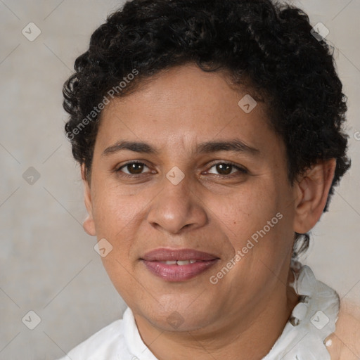 Joyful white adult female with short  brown hair and brown eyes