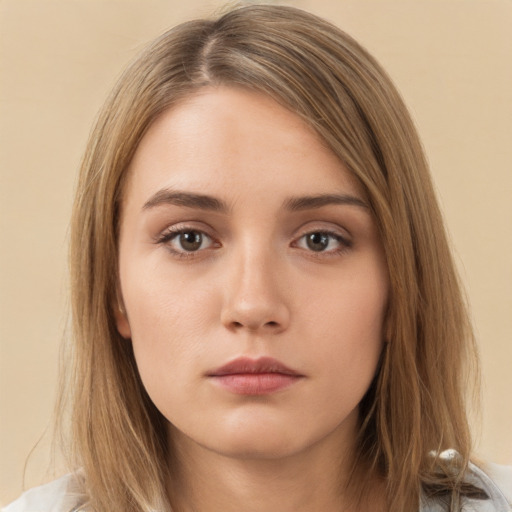 Neutral white young-adult female with medium  brown hair and brown eyes