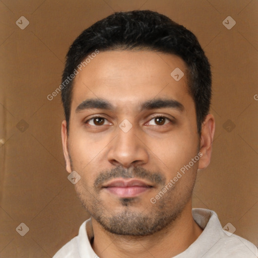 Neutral latino young-adult male with short  black hair and brown eyes