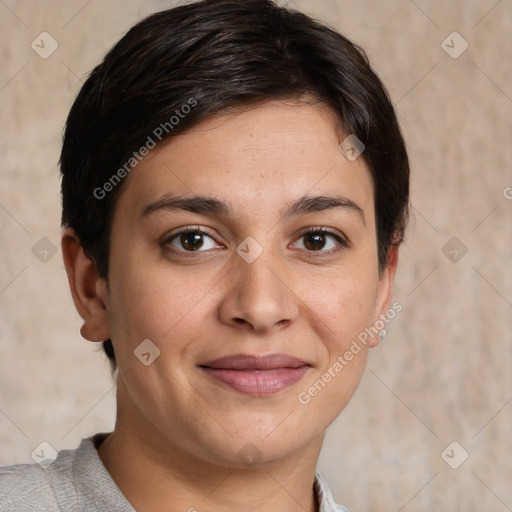 Joyful white young-adult female with short  brown hair and brown eyes