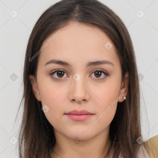 Neutral white young-adult female with long  brown hair and brown eyes