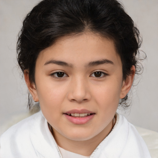 Joyful white child female with medium  brown hair and brown eyes