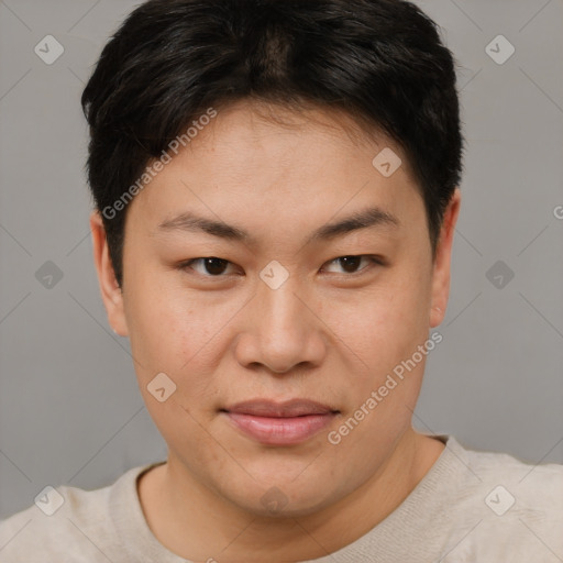 Joyful asian young-adult female with short  brown hair and brown eyes