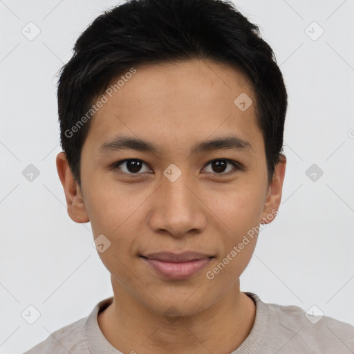 Joyful asian young-adult male with short  black hair and brown eyes